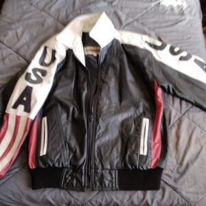 Stylish Black and White Bomber Jacket with Red Accents